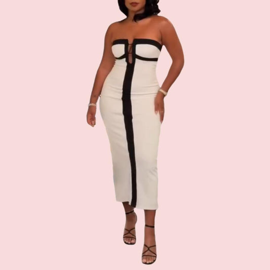 Black and White Colorblocking Sheath Cutout Midi Dress