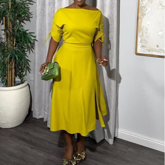 Yellow Strappy Short Sleeve Midi Dress