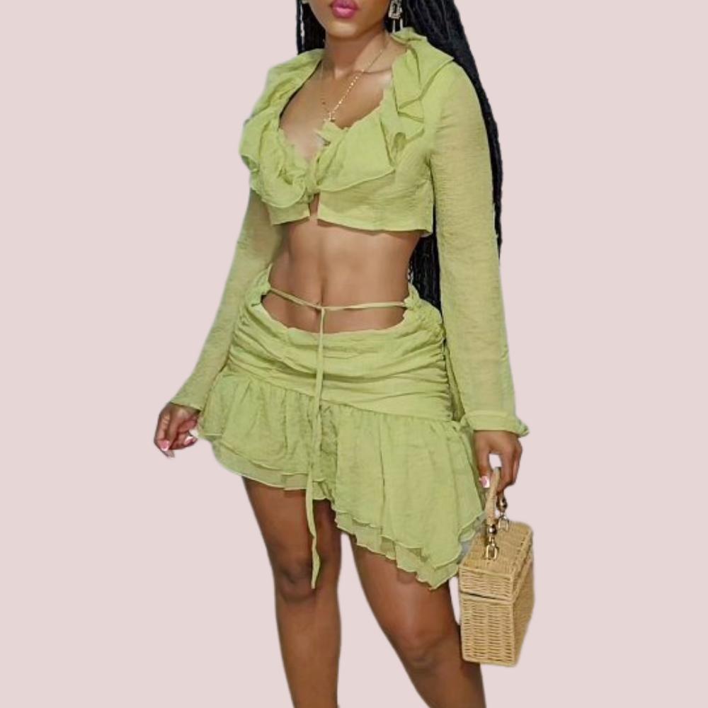 Green Mesh Long Sleeve Top Tie Skirt Set