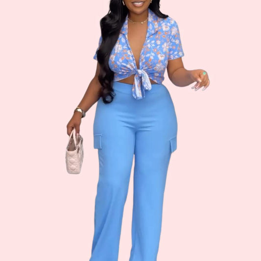 Blue Floral Short Sleeve Top and Pants Set