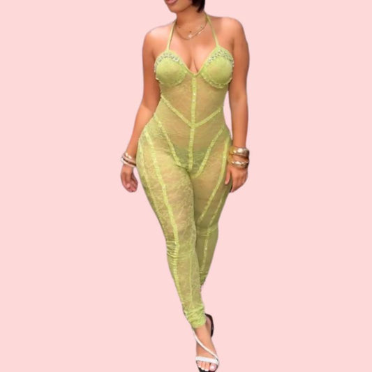 Yellow Lace Sexy Camisole Jumpsuit