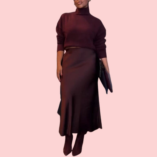 Burgundy Turtleneck Sweater & Long Skirt Set