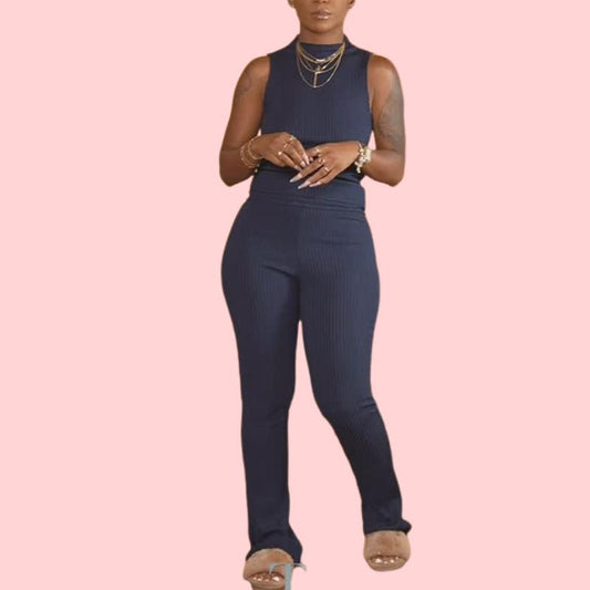 Casual Navy Blue Sleeveless Knit Top & Pants Set