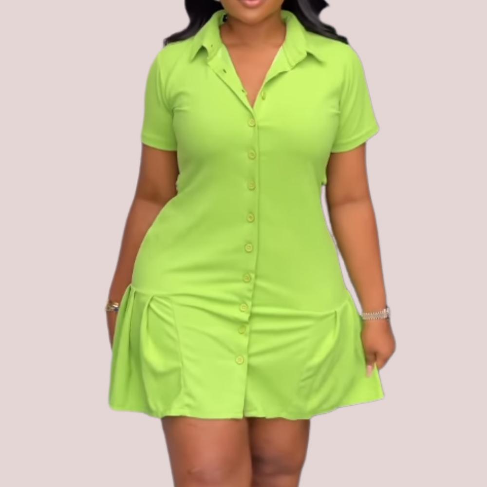 Green Shirt Neck Buttoned Mini Dress