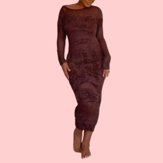 Brown Red Plush Long Sleeve Maxi Dress