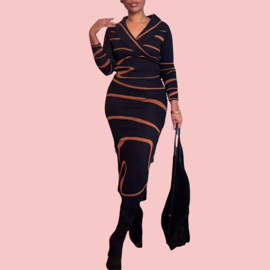 Black and Orange Striped Knit Skirt Set