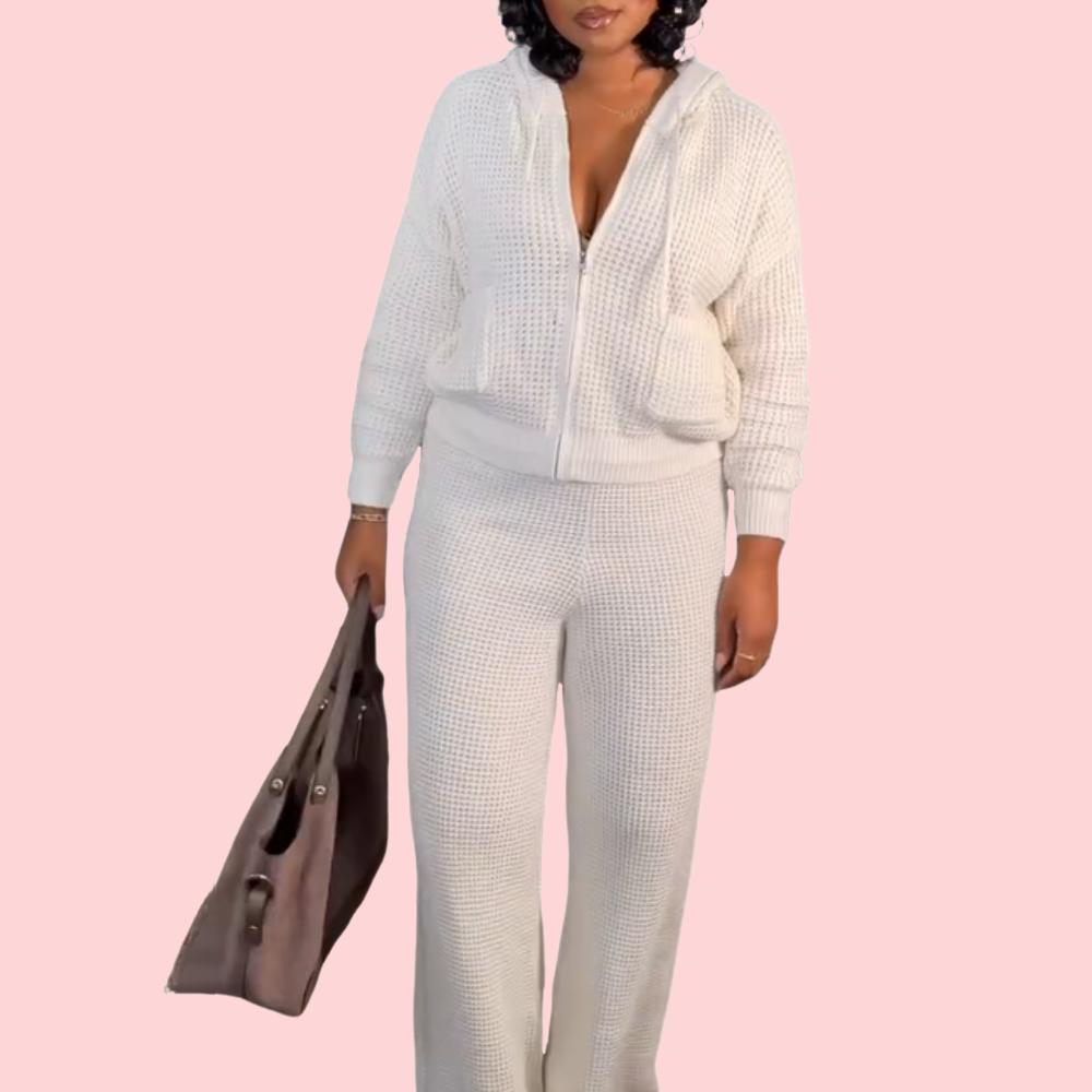 White Knit Zipper Sweatshirt & Pants Set