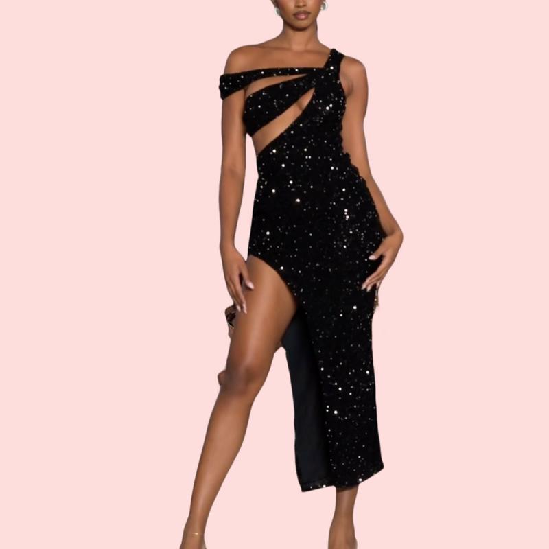 Black Sexy Sequins Hollow Out Maxi Dress