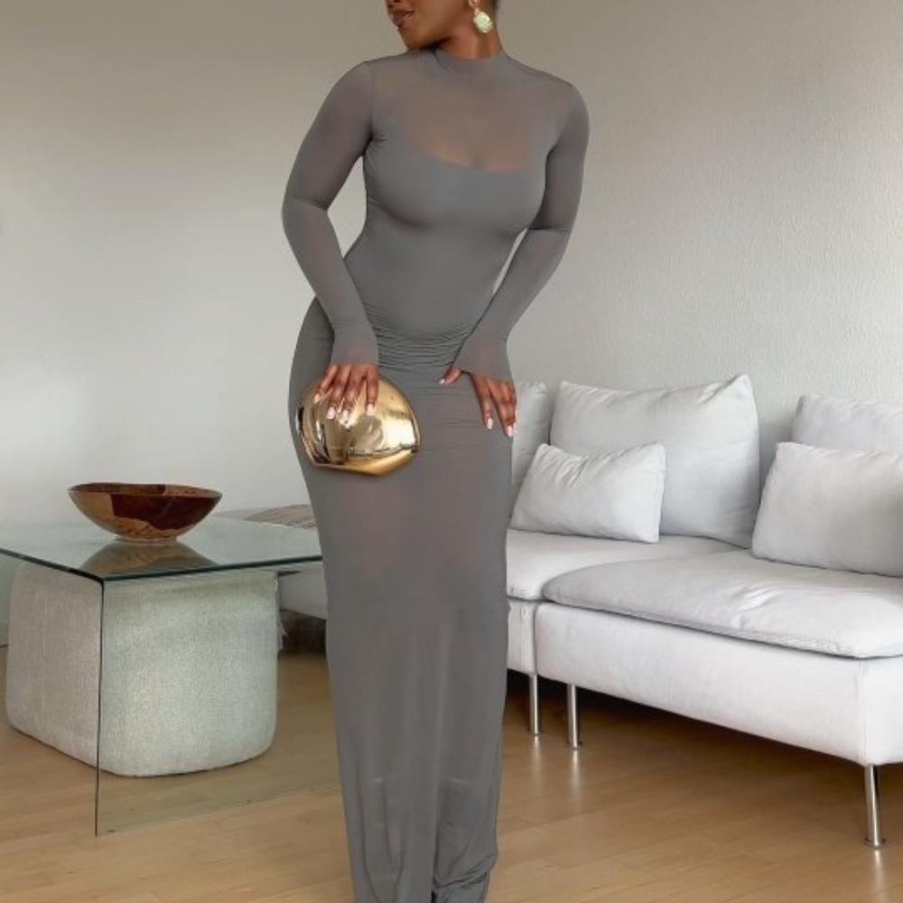 Gray Long Sleeve Round Neck Tulle Maxi Dress