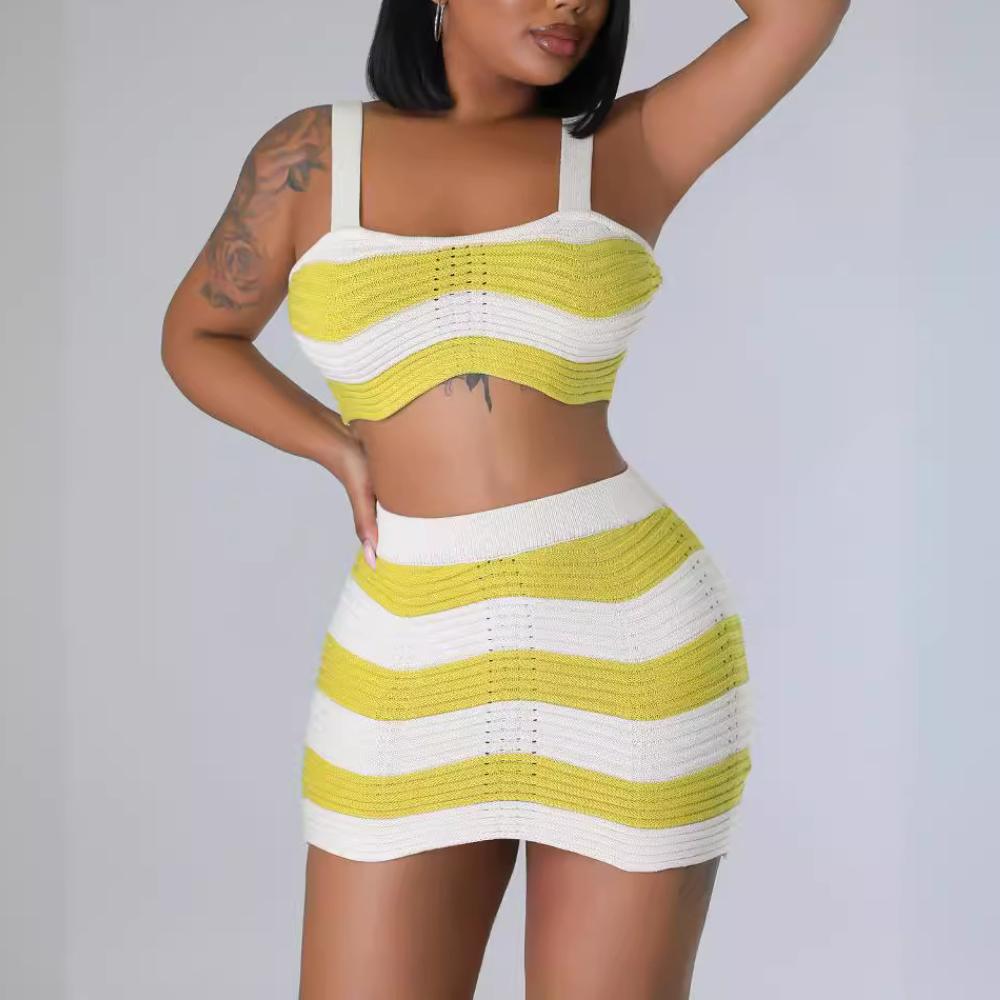 Clashing Stripes Sexy Knit Skirt Set