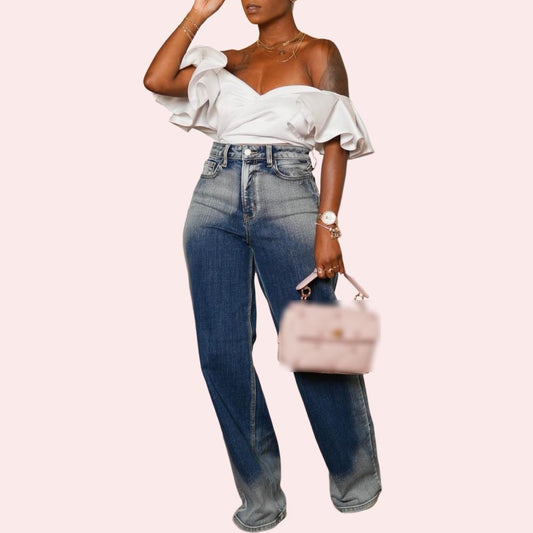 White Leaky Shoulder Strappy Top & Washed Wide Leg Jeans Set