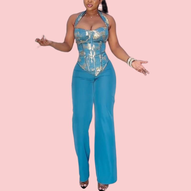 Blue Printed Sleeveless Camisole Top & Pants Set