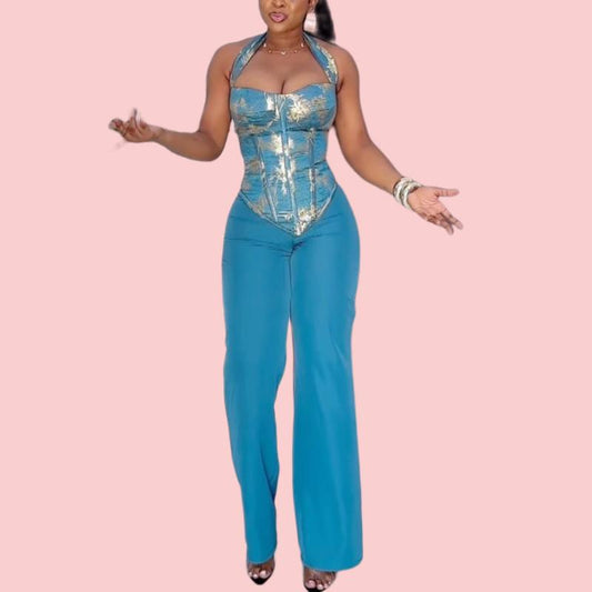 Blue Printed Sleeveless Camisole Top & Pants Set