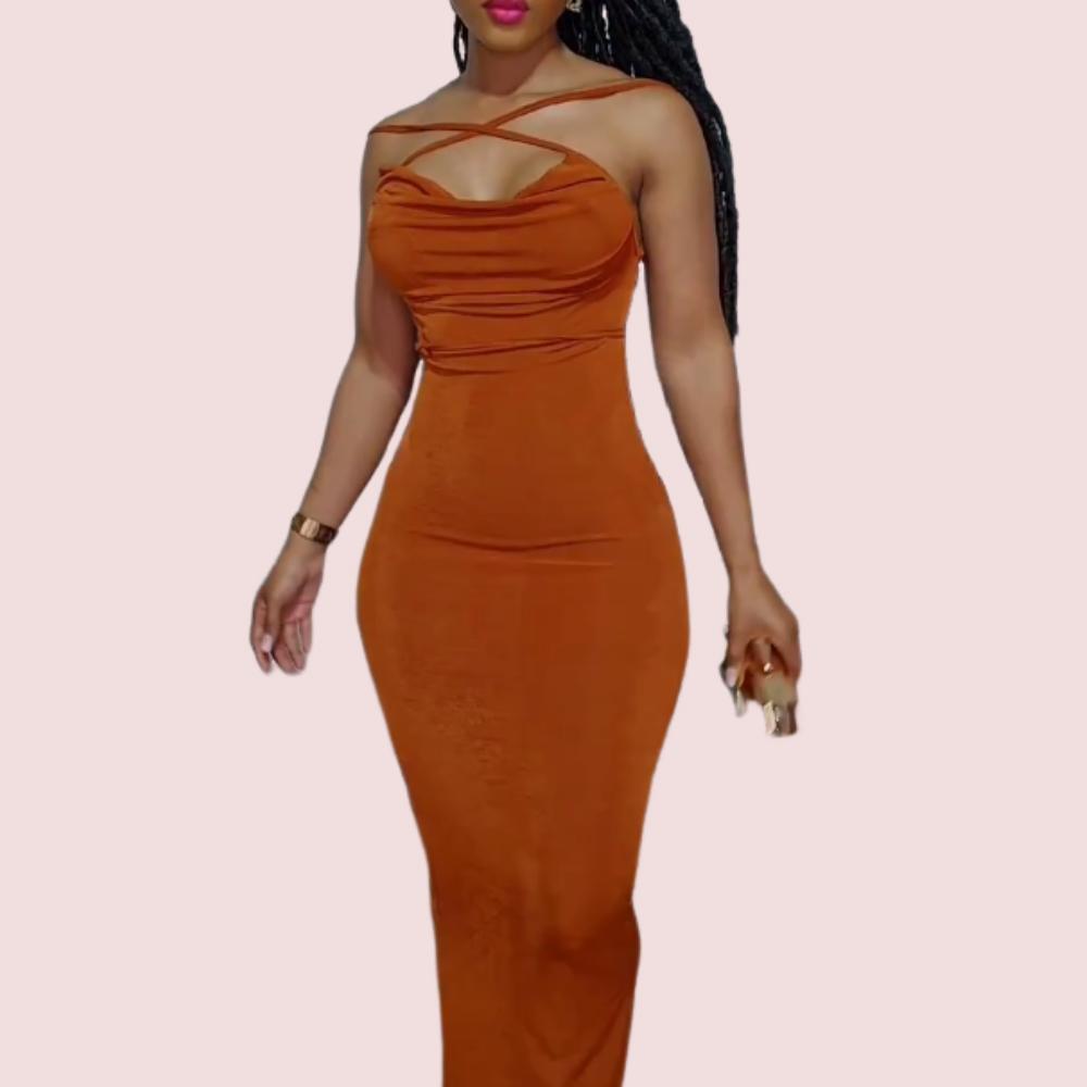 Orange Halter Wrap Hip Maxi Dress