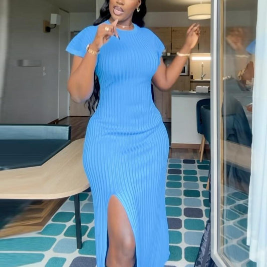 Blue Ribbed Knit Split Dress