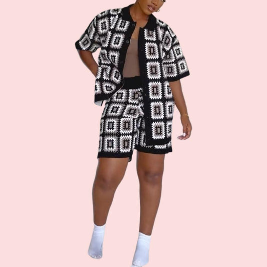 Black and White Patterned Short Sleeve Shirt & Shorts Set