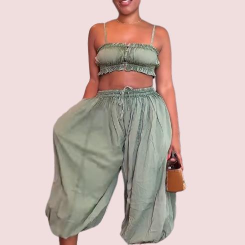 Green Ruffled Lace Cami Top Wide Leg Pants Set