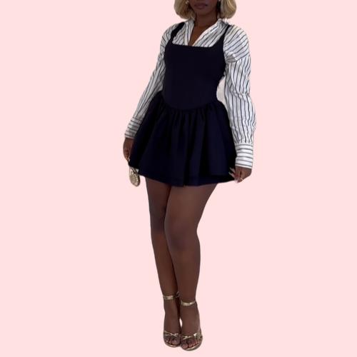 Black Striped Shirt & Camisole Mini Skirt Set