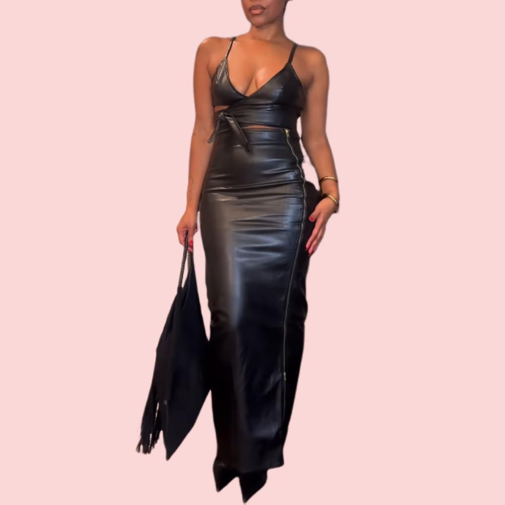 Black Leather Camisole Top & Zipper Skirt Set