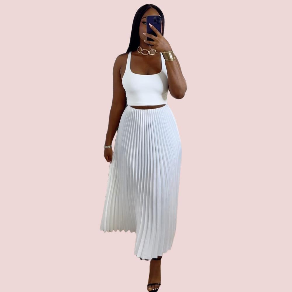 Elegant Sleeveless Short Top Pleated Skirt Set