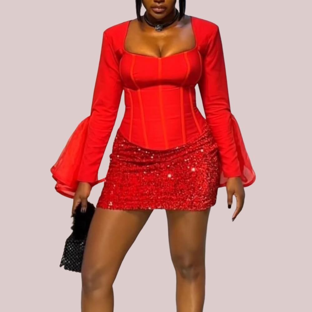 Red Waist-slimming Top Sequined Half-body Skirt Set