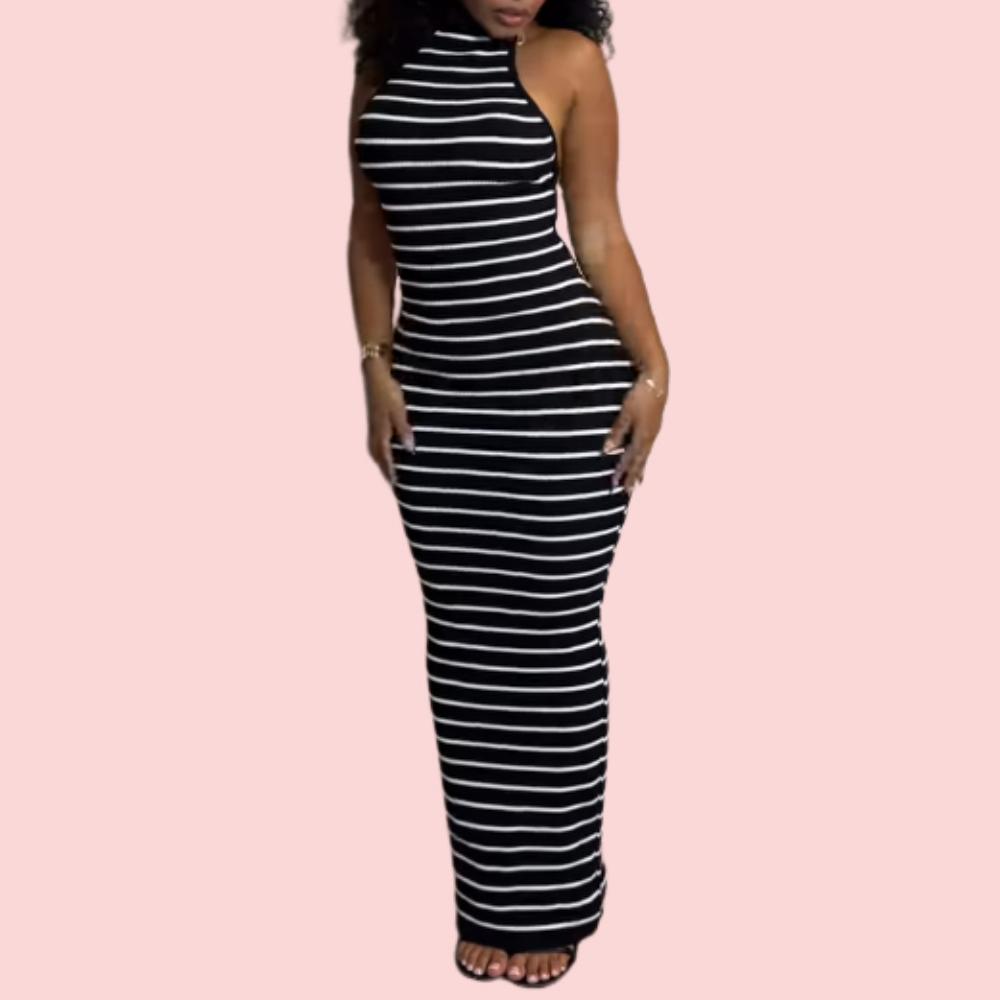 Black and White Striped Backless Maxi Dress