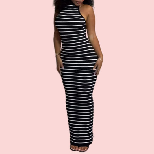 Black and White Striped Backless Maxi Dress