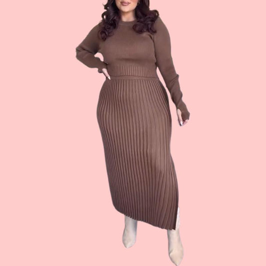 Brown Long Sleeve Knit Top & Skirt Set