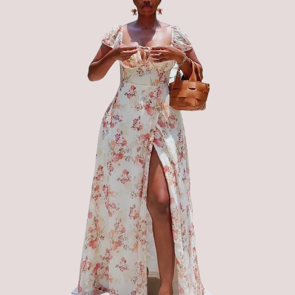 Bubble Sleeve Floral Print Split Maxi Dress