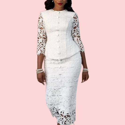 White Floral Cutout Top & Midi Skirt Set