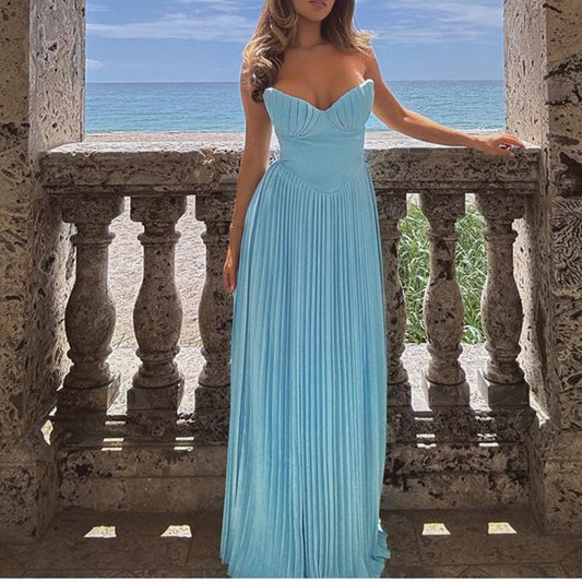 Blue Sheath Pleated Maxi Dress