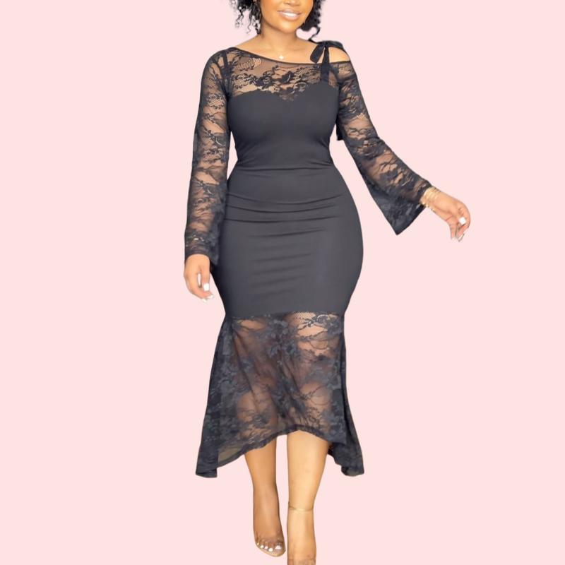 Black Lace Patchwork Shoulderless Midi Dress