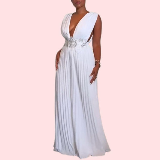 White V-Neck Rhinestone Jumpsuit