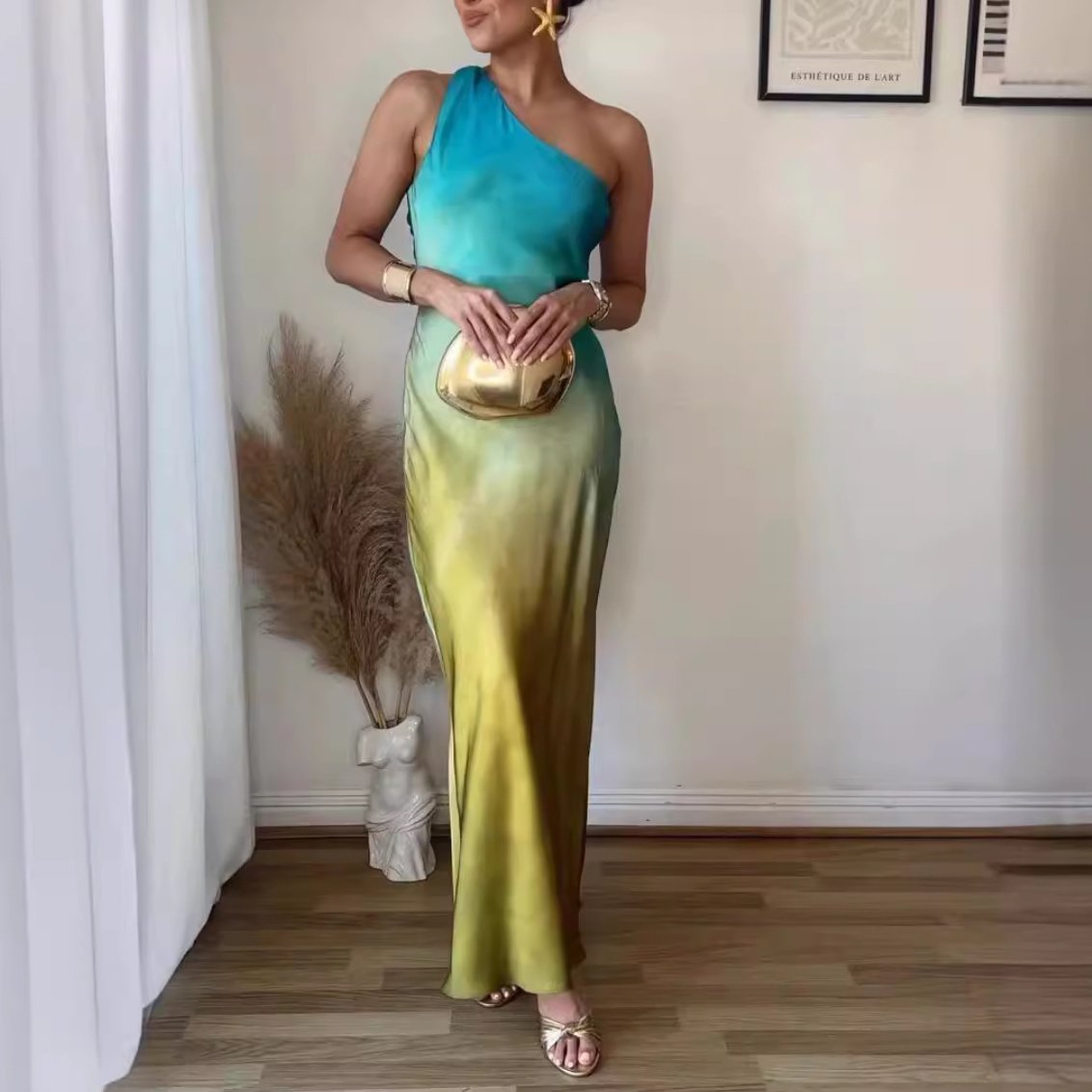 Gradient Color Slant Shoulder Maxi Dress