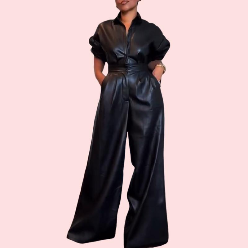 Black Leather Buttoned Pocket Jumpsuit