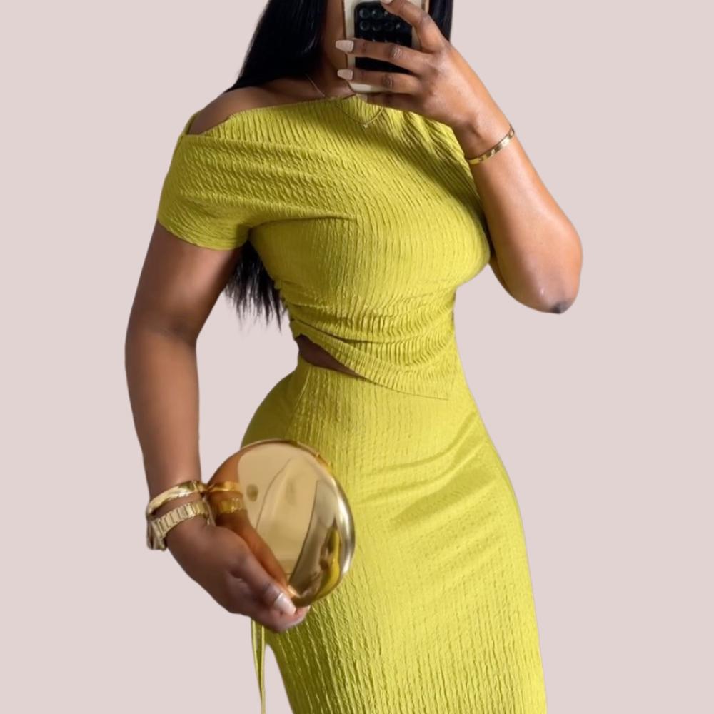 Yellow Knit Short Sleeve Top Half Length Skirt Set