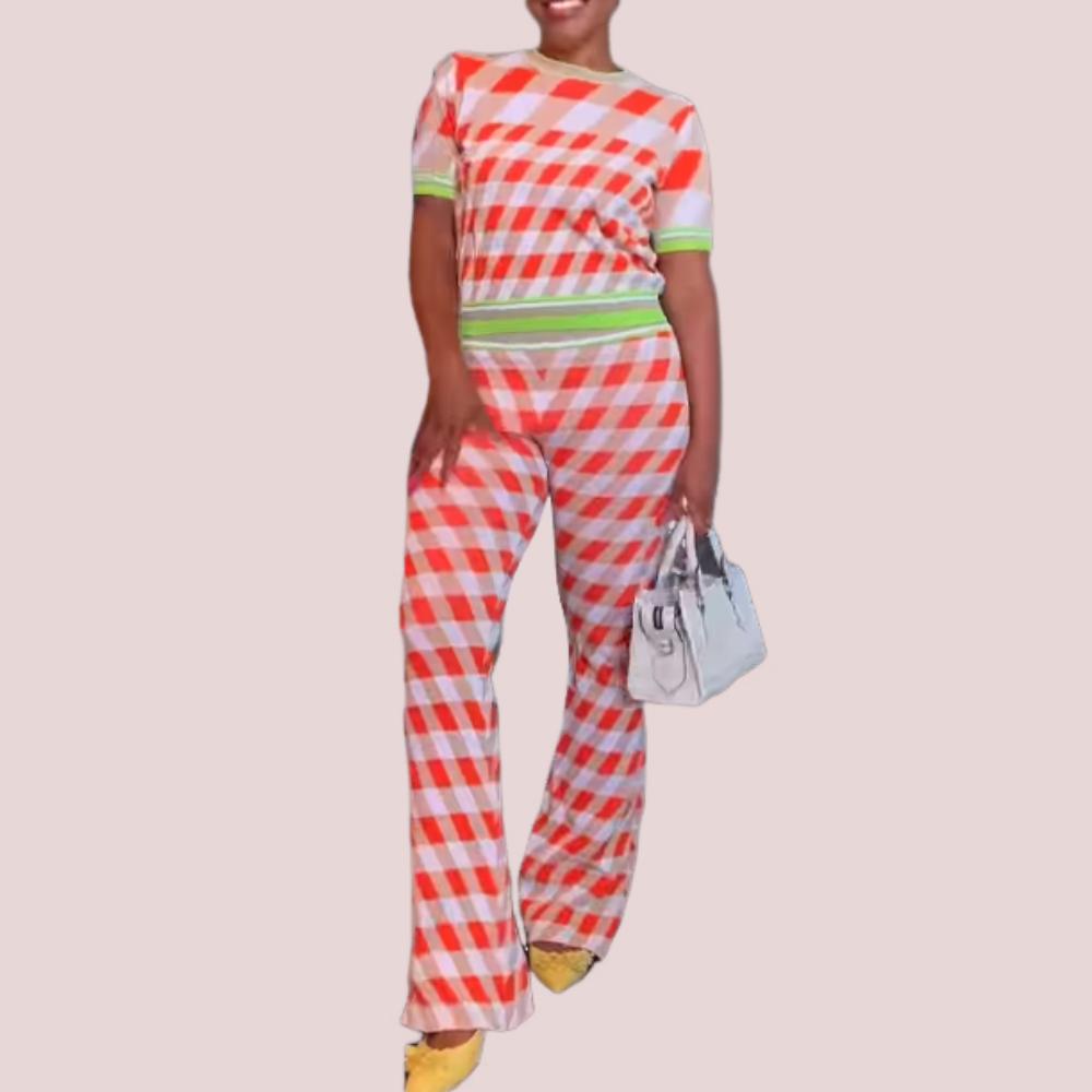 Colorful Plaid Patchwork Short Sleeve Long Pants Set