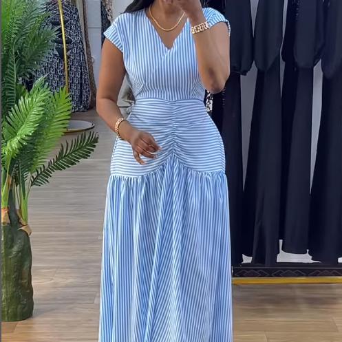 Blue Striped Short Sleeve Midi Dress