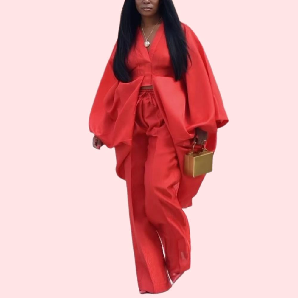 Red V-Neck Long Poncho Top & Pants Set