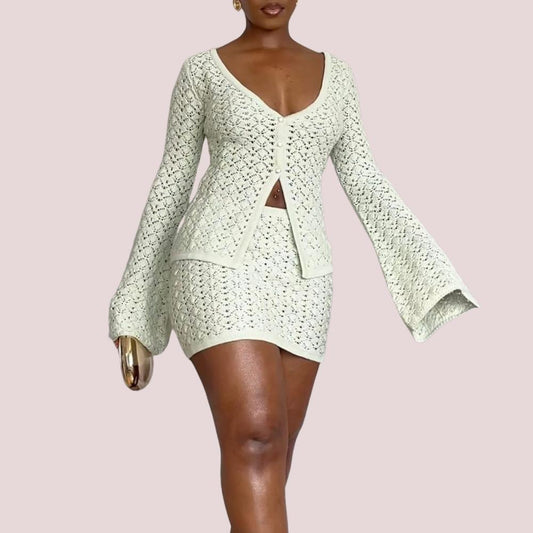 White Knit Long Sleeve Cardigan Halter Skirt Set