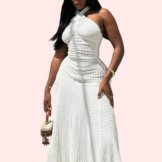 White Elegant Halter Mesh Midi Dress