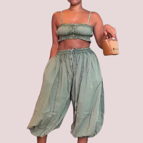 Green Ruffled Lace Cami Top Wide Leg Pants Set