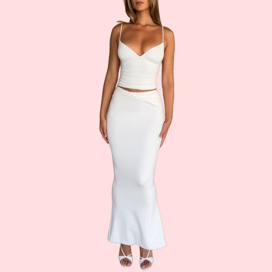 White Camisole Top Halter Long Skirt Set