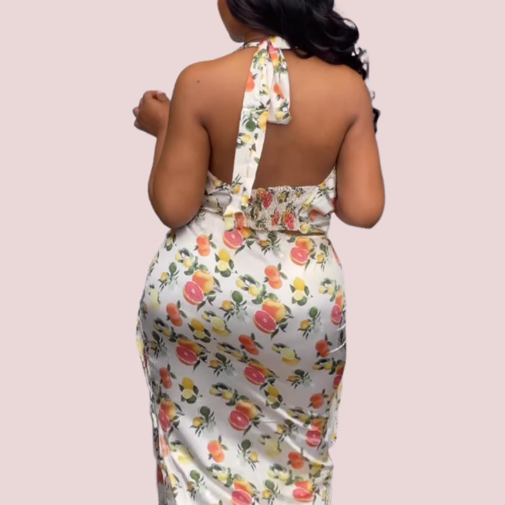 Fruit Printed V-Neck Hip Wrap Maxi Dress