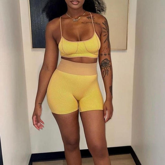 Yellow U Neck Camisole Shorts Two Piece Set