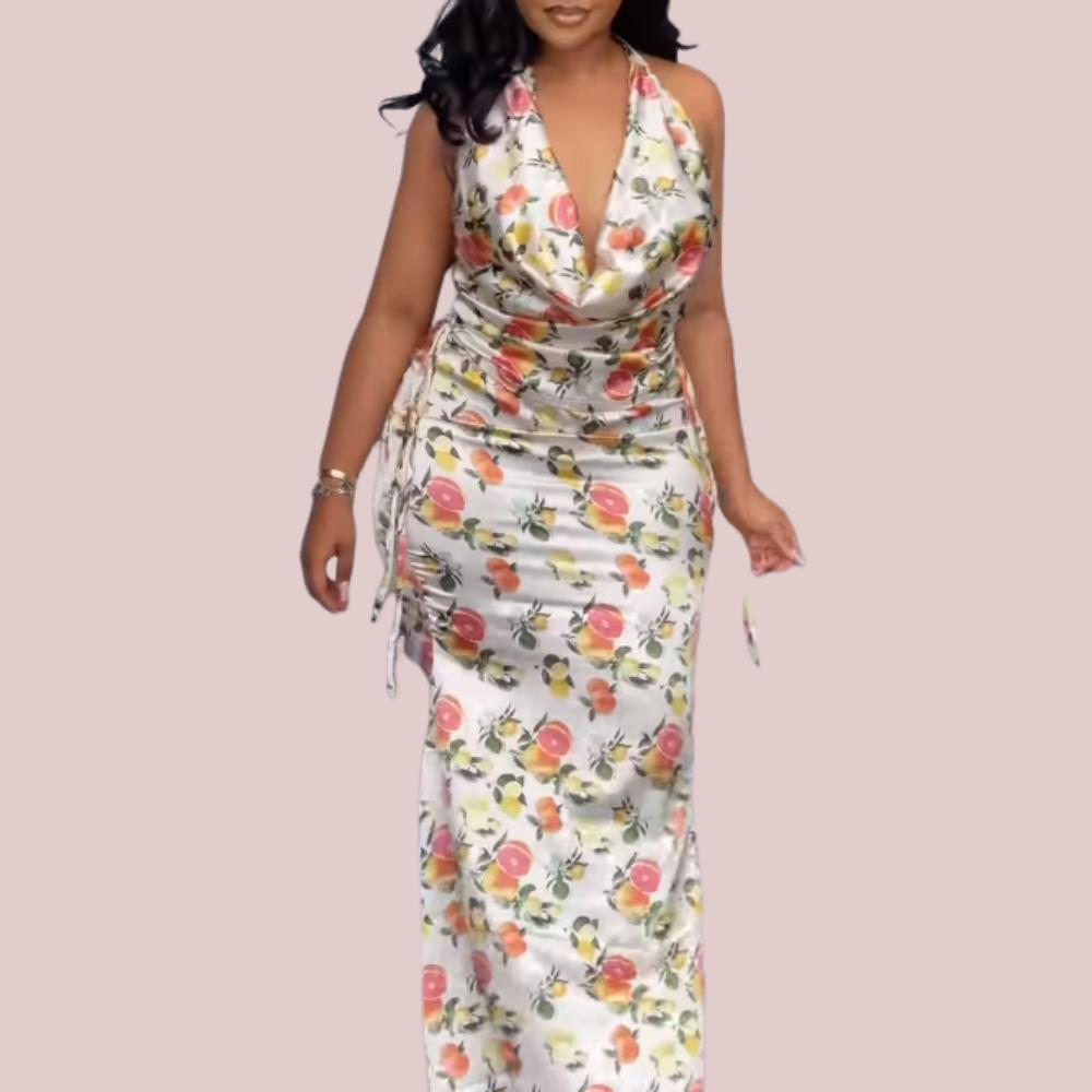 Fruit Printed V-Neck Hip Wrap Maxi Dress