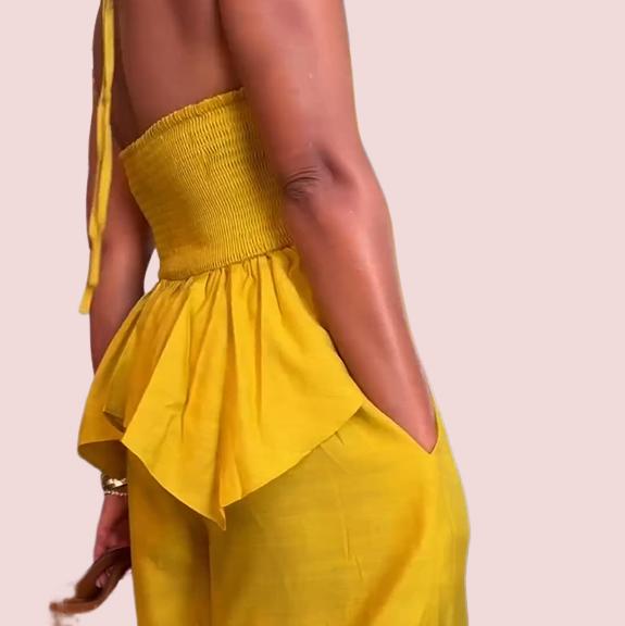 Yellow Halter Lace Wide Leg Jumpsuit