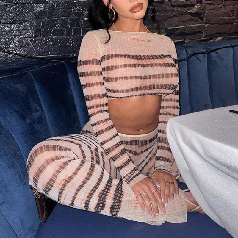 Sexy Mesh Striped Top and Pants Set