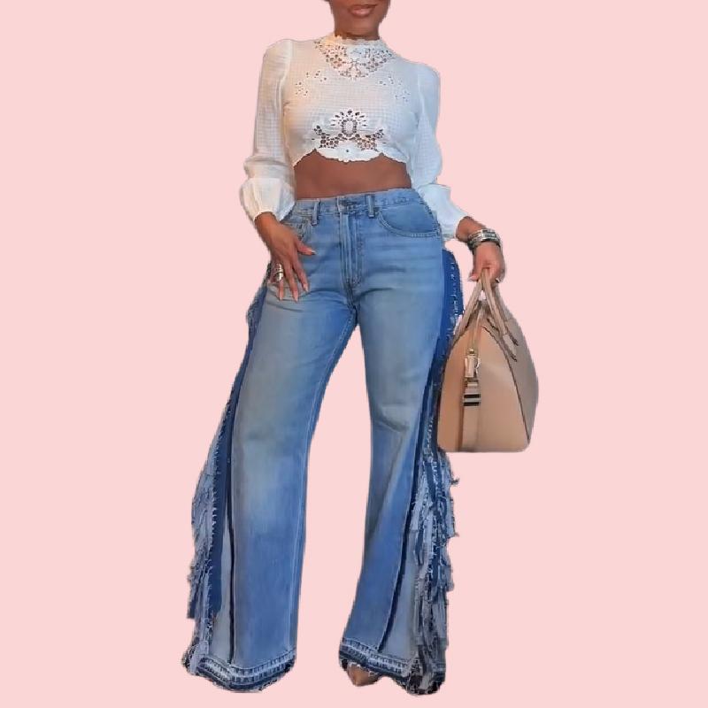 Blue Denim Fringed Destroyed Pants