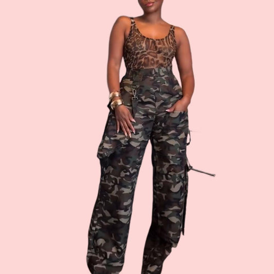 Camouflage Wide Leg Cargo Pants&Detachable Messenger Bag